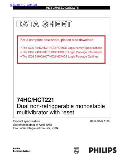 Philips 74HC/HCT221 Dual Monostable Multivibrator Datasheet