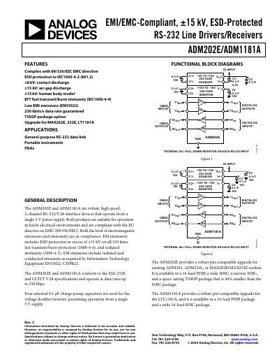 Analog Devices ADM202E/ADM1181A RS-232 Line Drivers/Receivers Datasheet - cover page