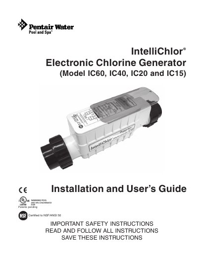 Pentair IntelliChlor IC60/IC40/IC20/IC15 Installation and User's Guide - cover page