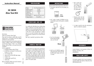 Hanna Instruments HI 3854 Zinc Test Kit Instruction Manual - cover page