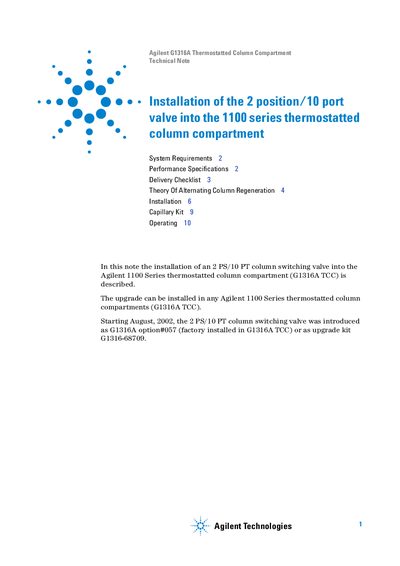 Agilent Installation of the 2 position/10 port valve into the 1100 series thermostatted column compartment Manual - cover page