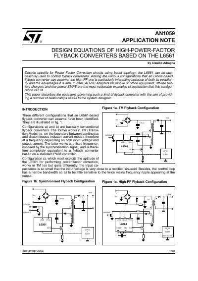 STMicroelectronics AN1059 L6561 High-PF Flyback Converter Design Equations Application Note - cover page