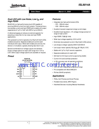 Intersil ISL9014A Dual LDO Datasheet - cover page