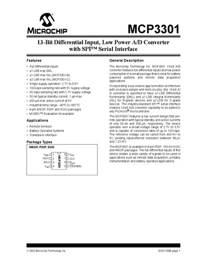 Microchip MCP3301 13‑Bit Differential Input Low‑Power A/D Converter Datasheet - cover page
