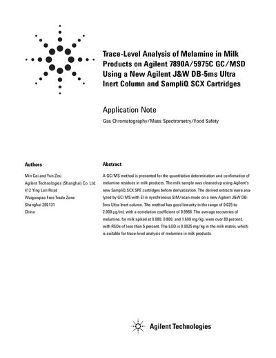 Agilent Trace-Level Analysis of Melamine in Milk Products on Agilent 7890A/5975C GC/MSD Using a New Agilent J W DB-5ms Ultra Inert Column SampliQ SCX Cartridges Manual