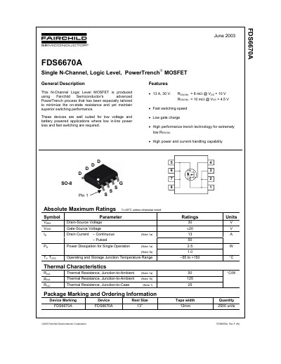 Fairchild FDS6670A Single N-Channel Logic Level PowerTrench MOSFET Datasheet