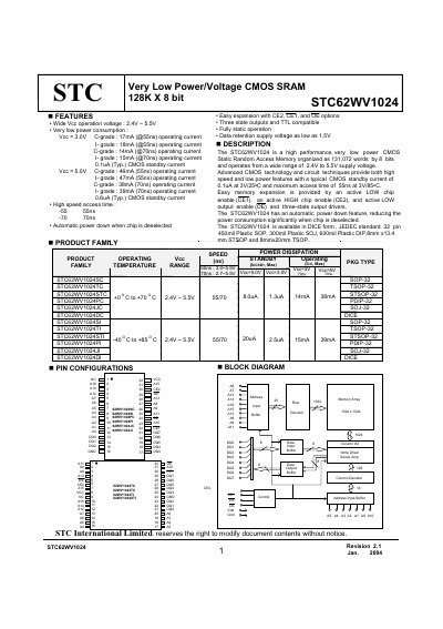 STC STC62WV1024 128K x 8-bit SRAM Datasheet - cover page