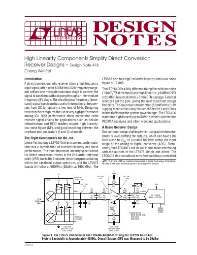 Linear Technology dn418f High Linearity Components Simplify Direct Conversion Receiver Designs Design Note - cover page