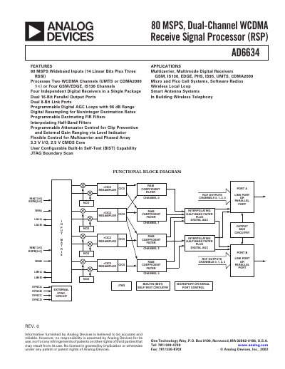 Analog Devices AD6634 80 MSPS Dual-Channel WCDMA Receive Signal Processor Datasheet - cover page