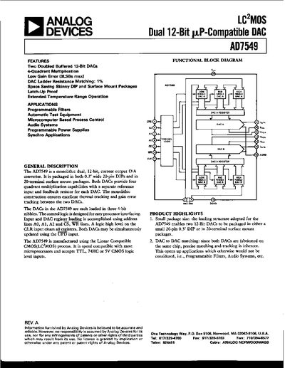 Analog Devices AD7549 Dual 12‑Bit DAC Datasheet - cover page