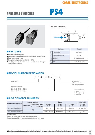 Copal PS4 Pressure Switch Product Leaflet - cover page