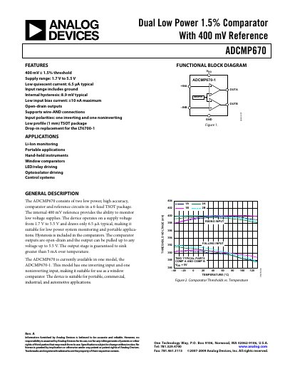 ANALOG DEVICES ADCMP670: Dual Low Power 1.5% Comparator With 400 mV Reference Data Sheet (Rev A 2009-07-13-) - cover page