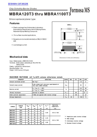 Formosa MS MBRA120T3 to MBRA1100T3 Chip Schottky Barrier Diodes Datasheet - cover page