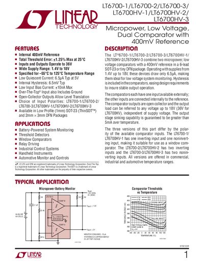 LINEAR TECHNOLOGY LT6700-1/LT6700-2/LT6700-3/ LT6700HV-1/LT6700HV-2/ LT6700HV-3 1 Manual - cover page