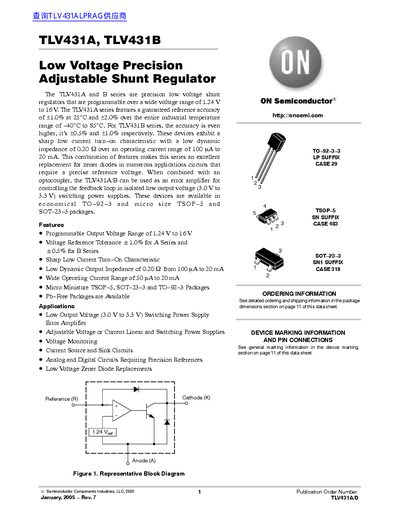 ON Semiconductor TLV431A/TLV431B Low Voltage Precision Adjustable Shunt Regulator Datasheet - cover page