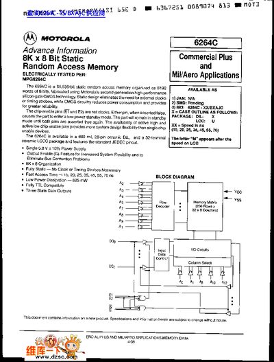Motorola 6264C 8K x 8 Bit Static RAM Datasheet - cover page