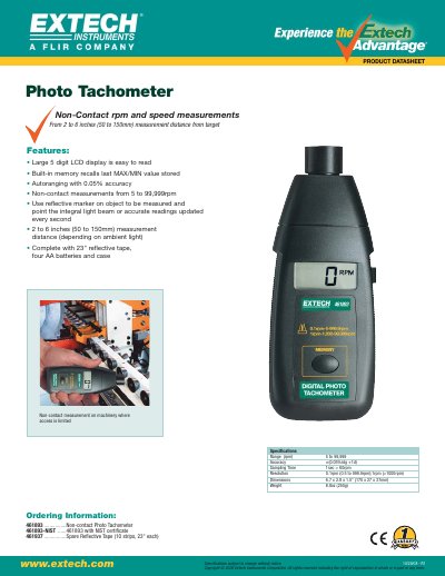 EXTECH 461893 ................Non-contact Photo Tachometer 461893-NIST ......461893 with NIST certificate 461937 ................Spare Reflective Tape (10 strips 23