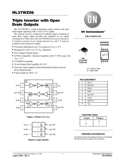 ON Semiconductor NL37WZ06 Triple Inverter with Open Drain Outputs Datasheet - cover page