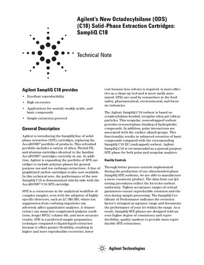 Agilent SampliQ C18 Solid-Phase Extraction Cartridges Technical Note - cover page