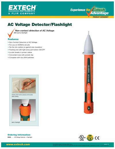 EXTECH DV20 AC Voltage Detector/Flashlight Product Datasheet - cover page