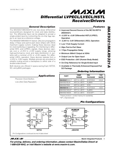 Maxim MAX9321/MAX9321A Differential Receiver/Driver Datasheet