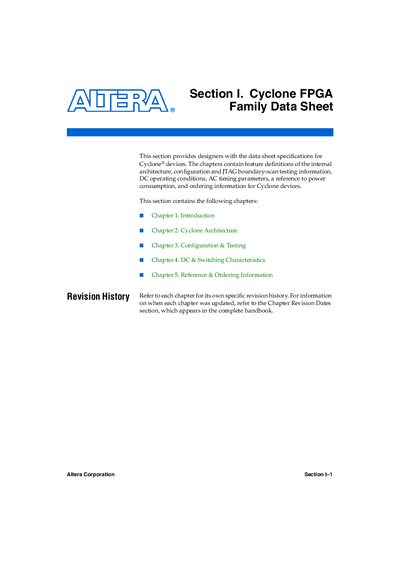Altera Cyclone FPGA Family Data Sheet - cover page