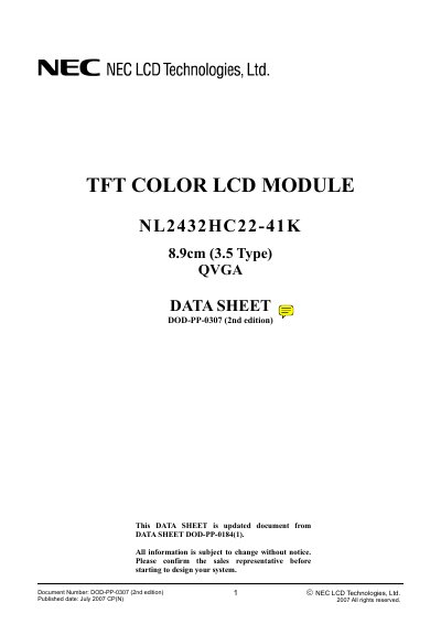 NEC NL2432HC22-41K Data Sheet - cover page
