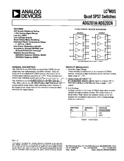 Analog Devices ADG201A/ADG202A Datasheet - cover page