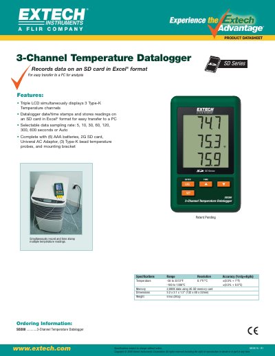 Extech SD200 3-Channel Temperature Datalogger Specifications - cover page