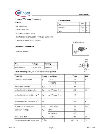 Infineon SPP15N65C3 CoolMOS Power Transistor Datasheet - cover page