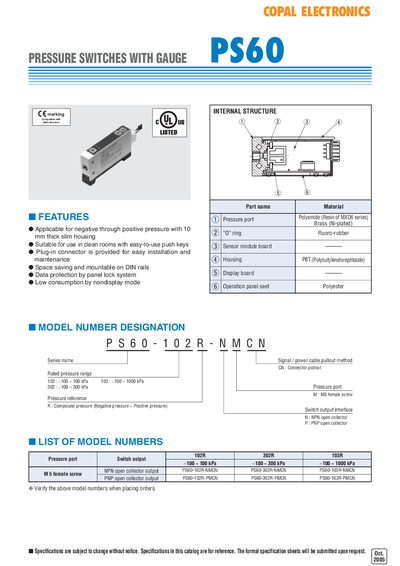 Copal Electronics PS60 Pressure Switches with Gauge Manual - cover page
