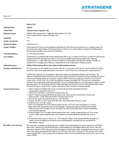 Agilent SoloPack Gold Competent Cells Product Certificate - cover page