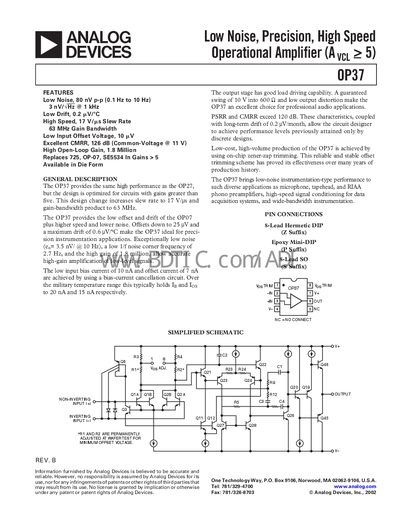 Analog Devices OP37 Operational Amplifier Datasheet - cover page