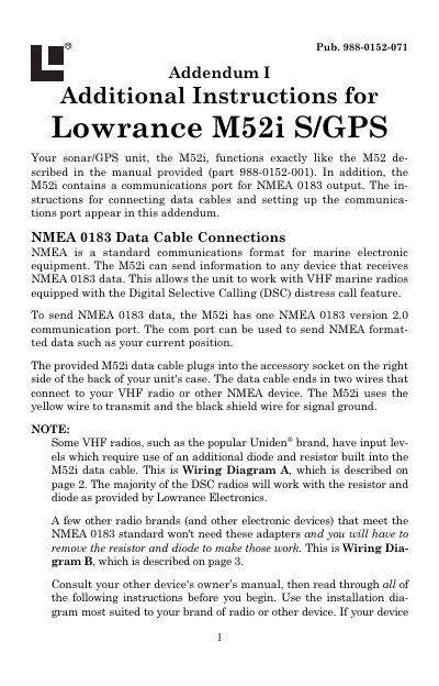 Lowrance M52i S/GPS Addendum I Additional Instructions - cover page