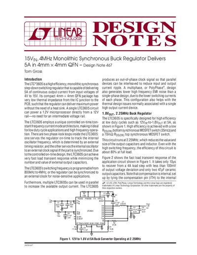 LINEAR 15VIN 4MHz Monolithic Synchronous Buck Regulator Delivers 5A in 4mm &times; 4mm QFN Design Note 467 Tom Gross - cover page
