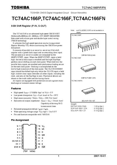 Toshiba TC74AC166P/TC74AC166F/TC74AC166FN Datasheet - cover page