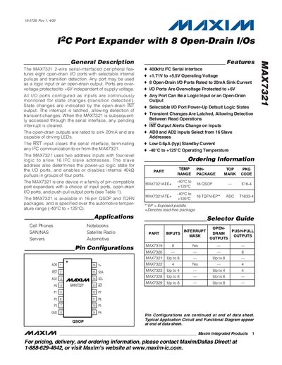 Maxim MAX7321 I2C Port Expander Datasheet - cover page