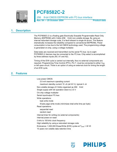 Philips PCF8582C-2 256‑x‑8‑bit CMOS EEPROM I2C‑bus Interface Datasheet - cover page