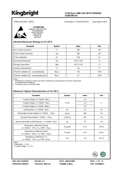 Kingbright KT-3535SY9ZS-RV Super Bright Yellow 3.5x3.5mm SMD LED Datasheet - cover page