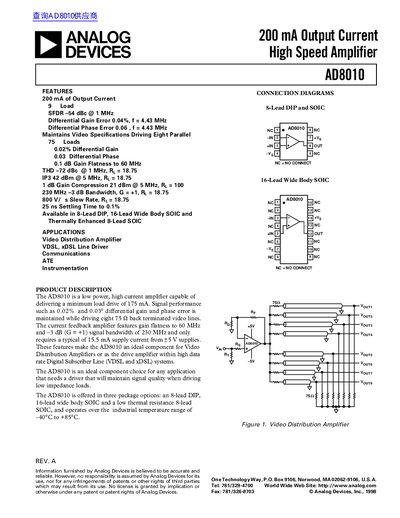 ANALOG DEVICES AD8010 200 mA Output Current High Speed Amplifier handbook