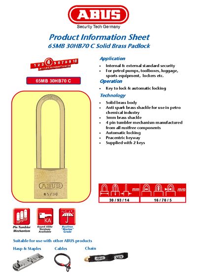ABUS 65MB 30HB/70 C Solid Brass Padlock Product Information Sheet - cover page