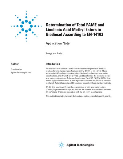 Agilent Determination of Total FAME Linolenic Acid Methyl Esters in Biodiesel According to EN-14103 handbook - cover page
