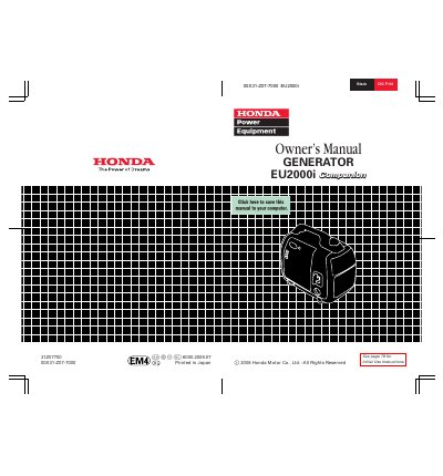 Honda EU2000i Generator Owner's Manual - cover page