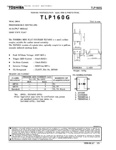 Toshiba TLP160G Photocoupler Datasheet - cover page