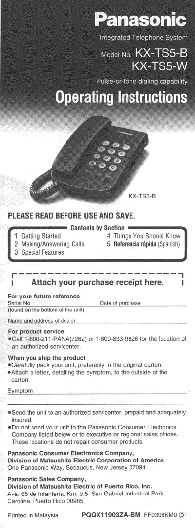 Panasonic KX-TS5-B/KX-TS5-W Cordless Phone Operating Instructions - cover page