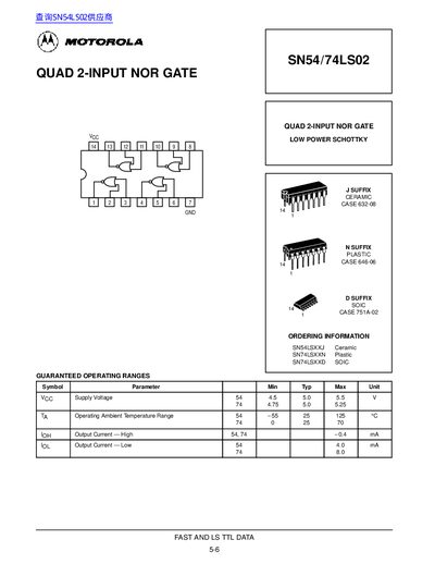 Motorola SN54/74LS02 Quad 2-Input NOR Gate Datasheet - cover page