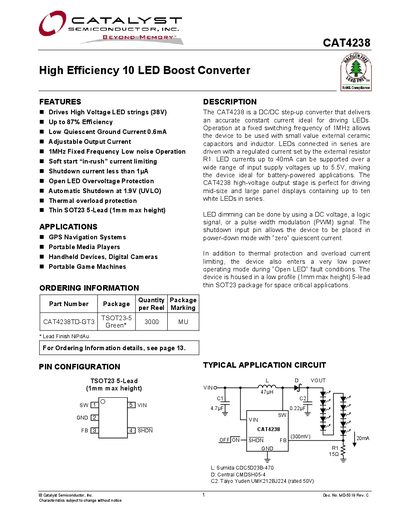 Catalyst CAT4238 High Efficiency 10-LED Boost Converter Datasheet