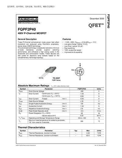 Fairchild FQPF2P40 400V P-Channel MOSFET Datasheet - cover page