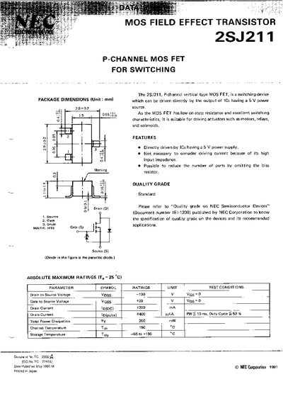 NEC 2SJ211 P-Channel MOS FET Datasheet - cover page