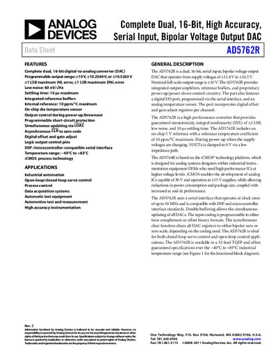 Analog Devices AD5762R Dual 16‑Bit DAC Datasheet - cover page